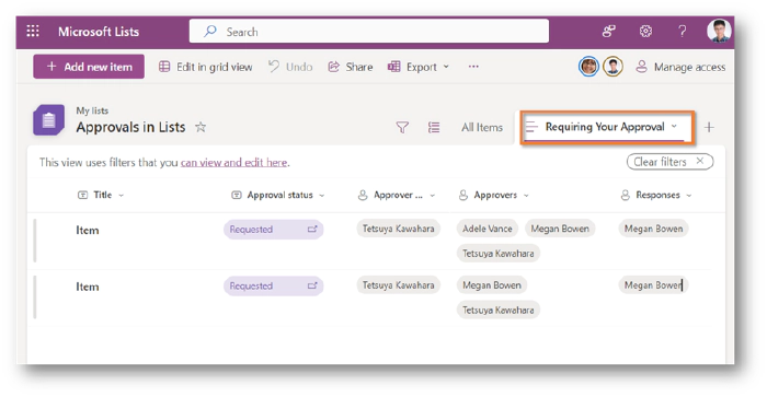 Screenshot of the requiring your approval view screen