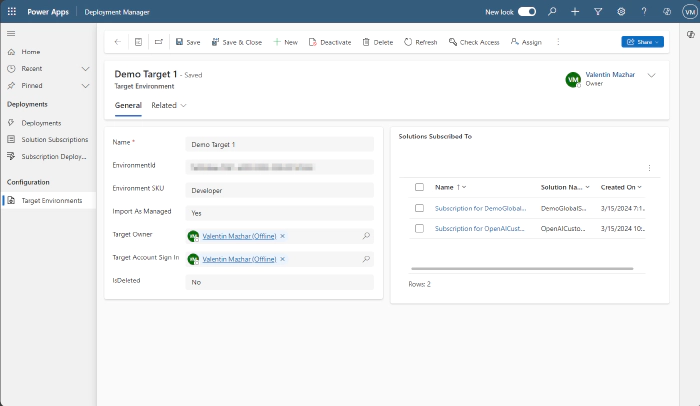 Screenshot of the main form of a Target Environment in the Solution Deployer