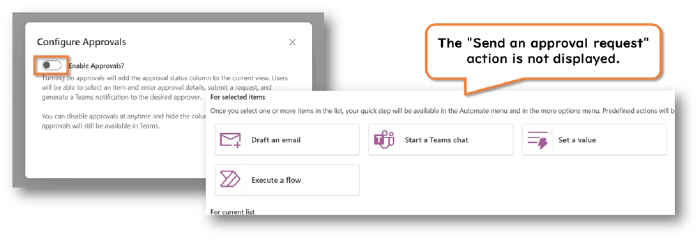 Actions available when approval feature is disabled