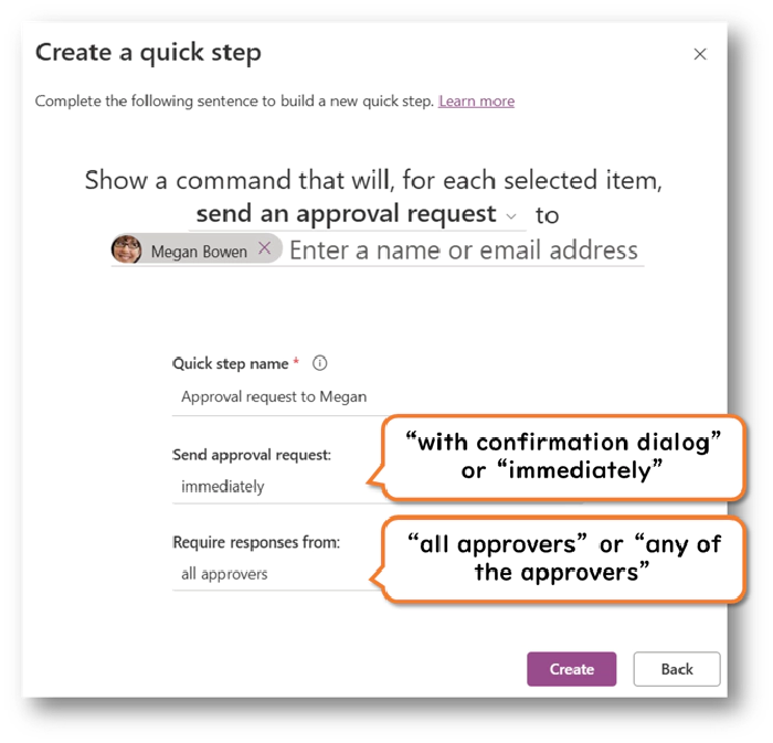 Settings screen for the &ldquo;Send an approval request&rdquo; action